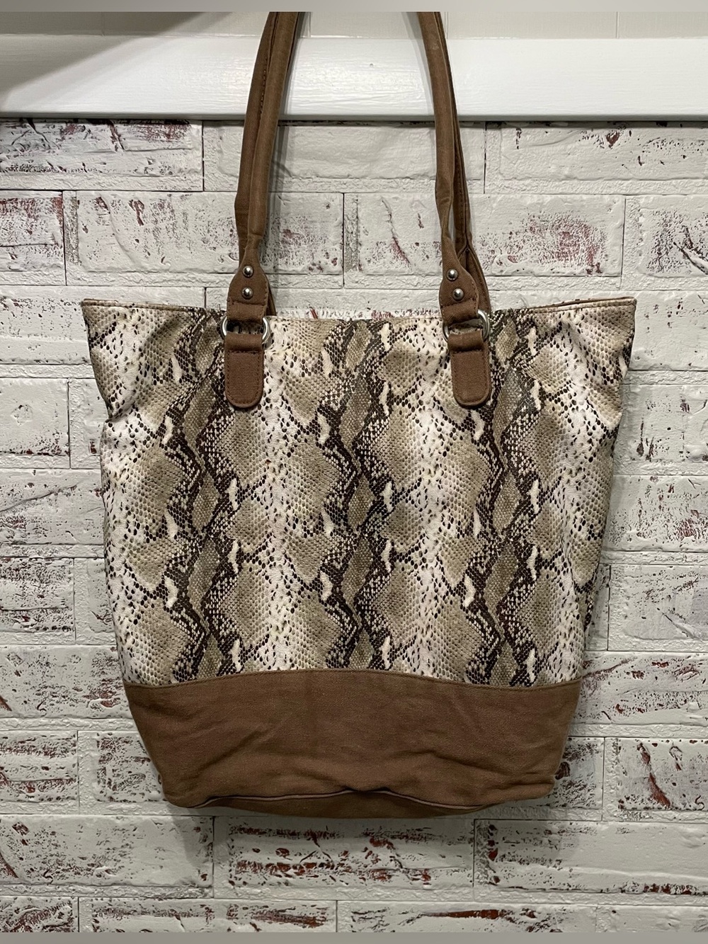 Large Faux Snakeskin Tote Bag Canvas Bottom & Straps Women’s Shoulder Bag Y2K